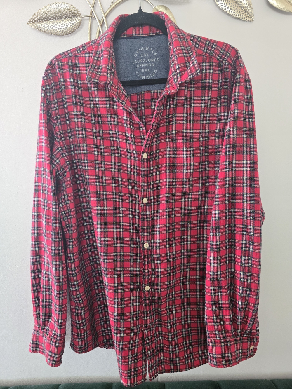 Jack & Jones Red and Black Plaid Casual Button-Down Shirt Size XL Cotton